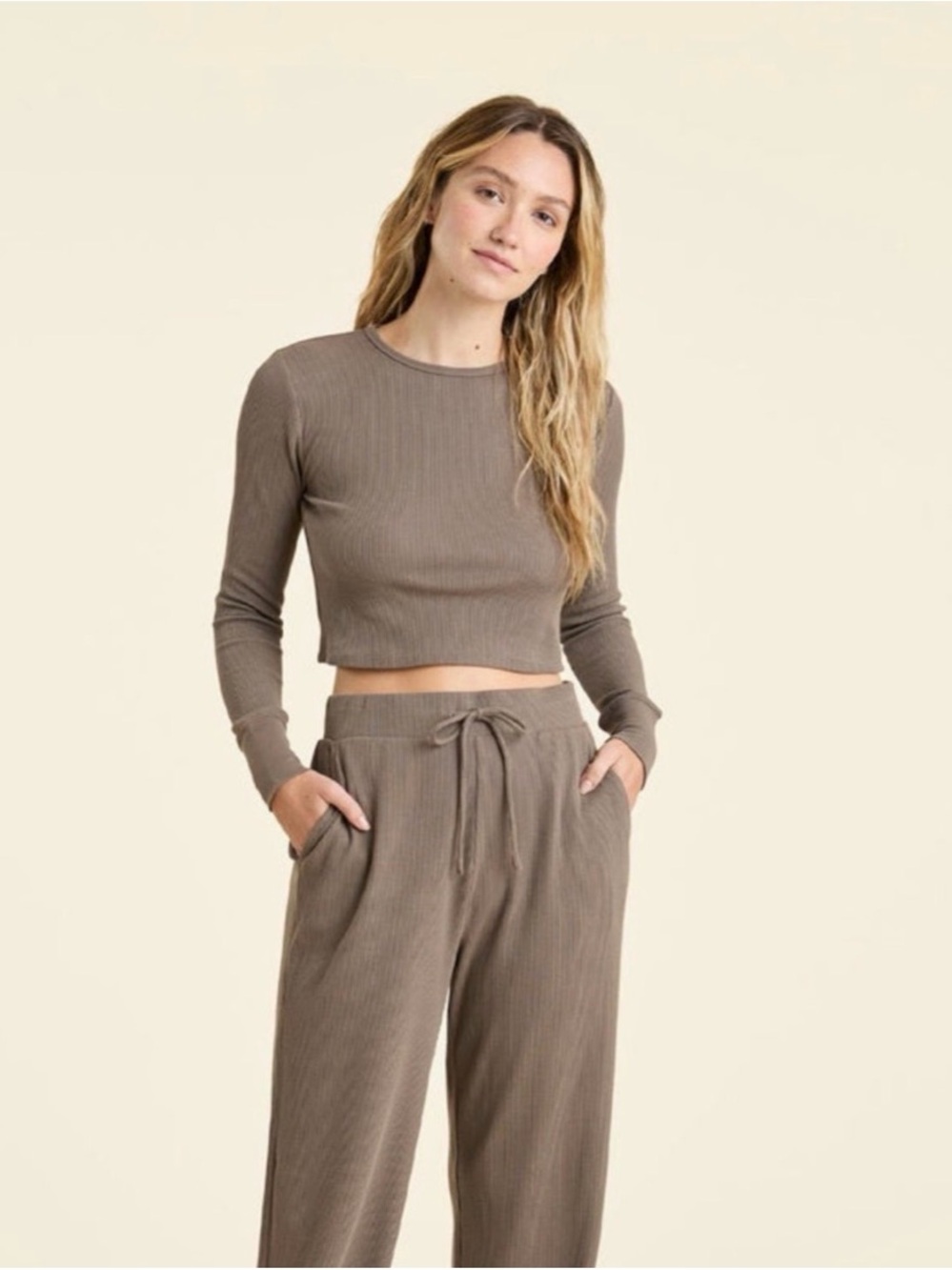 NUUDS micro waffle Long Sleeve Cropped Top and Drawstring Pants Set -MOCHA